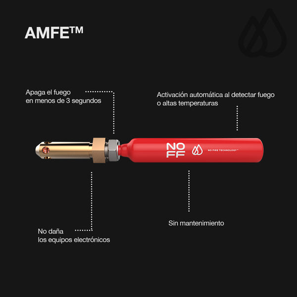 EXTINTOR AMFE NOFF® Apaga el fuego en menos de 3 segundos. No daña los equipos electrónicos. Activación automática al detectar fuego. Sin mantenimiento